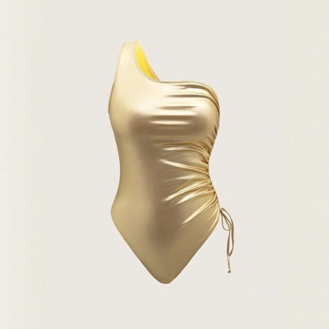 Metallic One Shoulder One Piece Swimsuit Sleeveless Wireless High Cut Summer Beach Monokini Gold