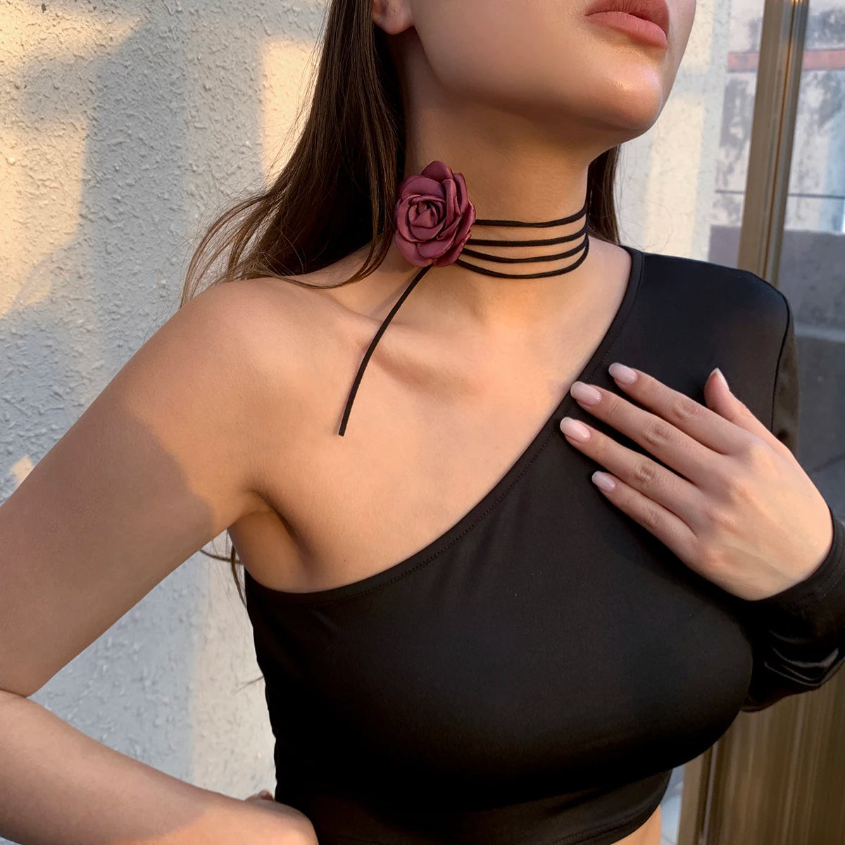 Romantic Gothic Big Rose Flower Clavicle Chain Necklace for Women Ladies Korean Fashion Adjustable Rope Choker