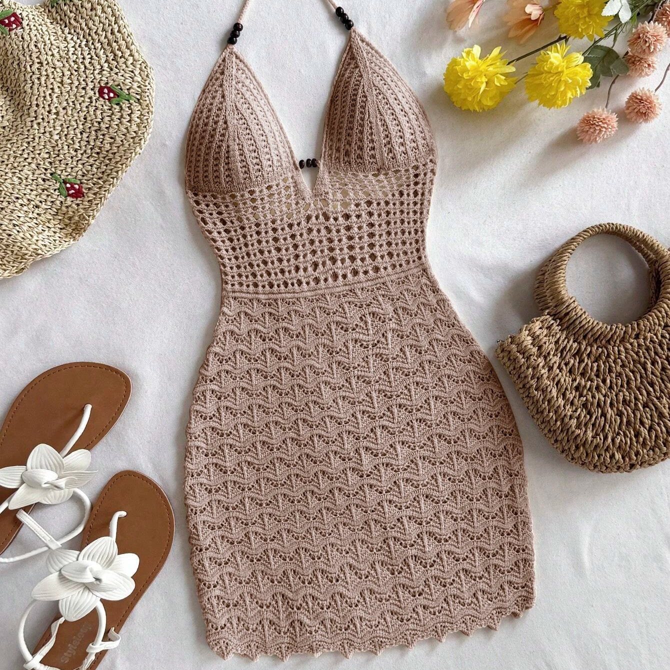 Spring Summer Sexy V-Neck Hollow out Dress Vacation Slim Strapless Beachwear Suitable for Date Occasions