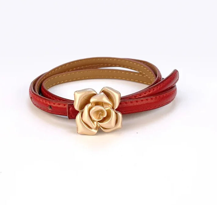 New Unique Rose Genuine Leather Gold Belt Women Fashion Cowskin Flower Thin Belts Female Jeans Dress Waistband