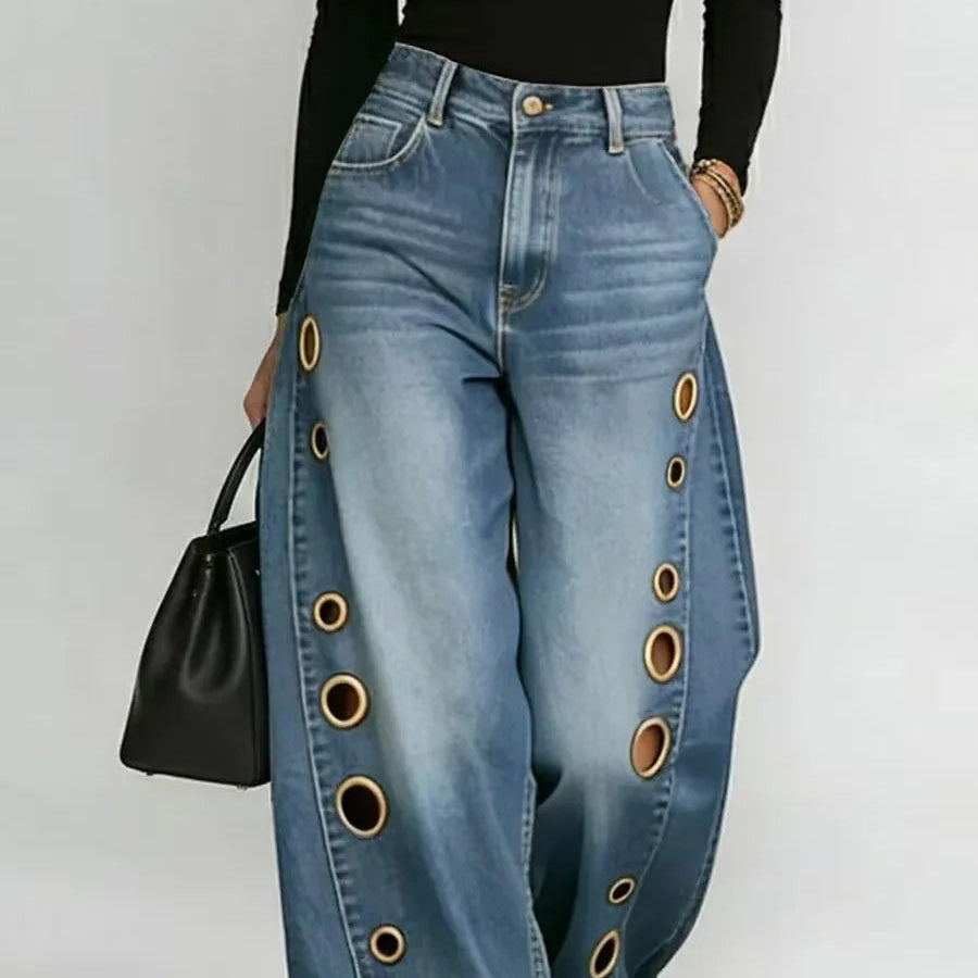 American High Street Straight Leg Jeans Women Metal Ring Hollow Long Jeans Autumn Casual High Waist Pockets Baggy Denim Pants