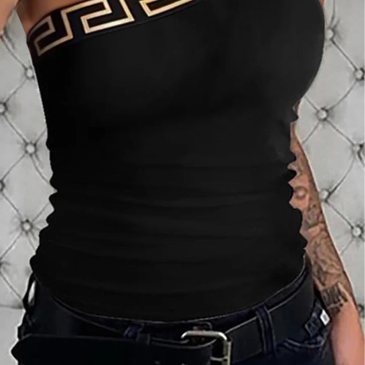 Geometric Pattern One Shoulder Sleeveless - Sexy Tight Crop Tops - Black One Sleeve Top