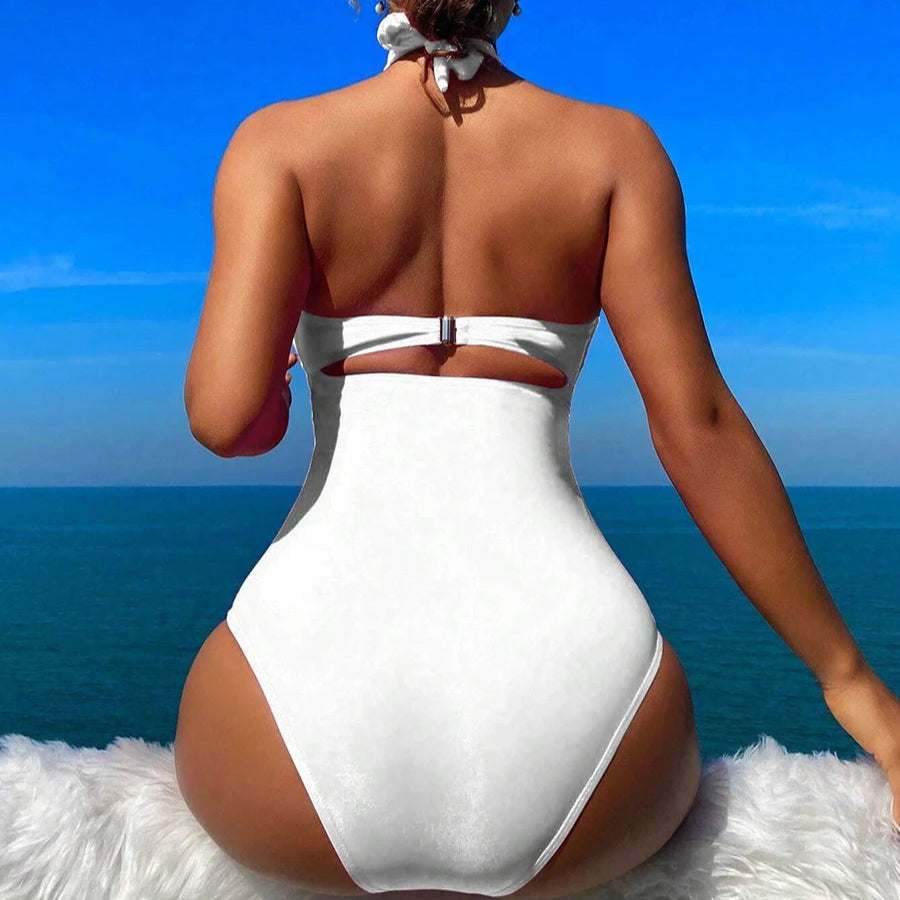 Drawstring One-piece Women Swimsuit Female High Waisted Bikini Bandeau Halter Bathing Suit Swimming for Monokini