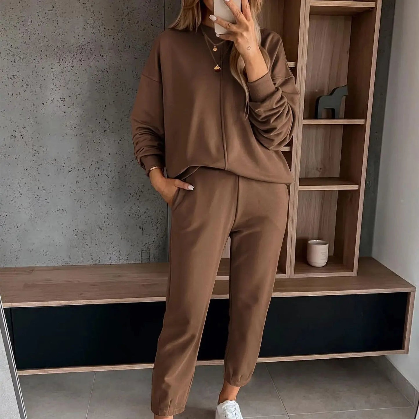 Mocha Color Casual T-shirt Pants Women's 2 Piece Set Fashion Simple Pocket Nine Point Pants Sports Suit Female 2025