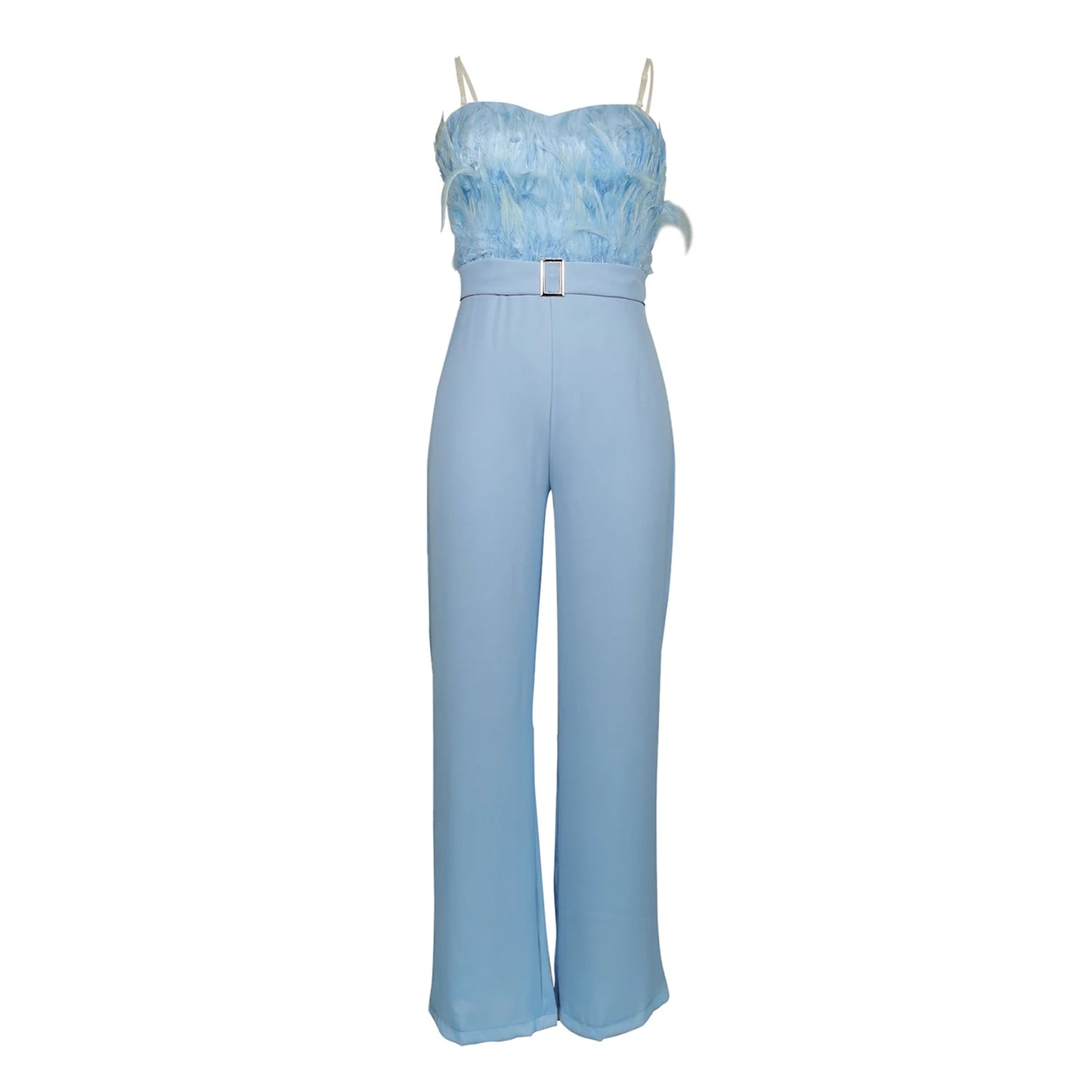 Elegant Jumpsuit Women Sleeveless Off Shoulder Plush Feather Belt Buckle Long Romper Chic High Waist Straight Leg Jumpsuit