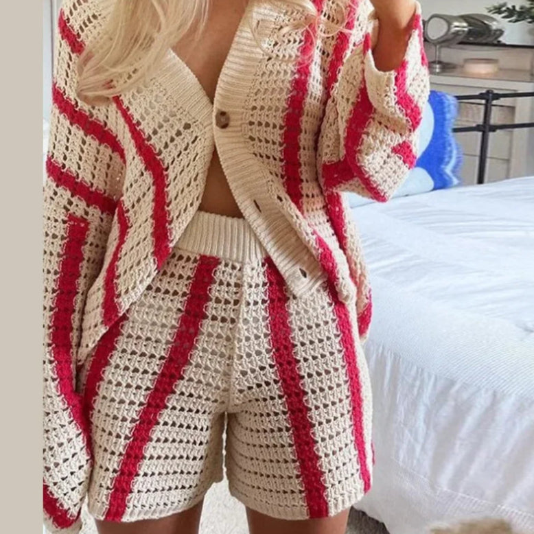 2-piece set of crochet striped shirts with V-neck, half sleeves, and wide-leg pants, summer beach vacation outfits
