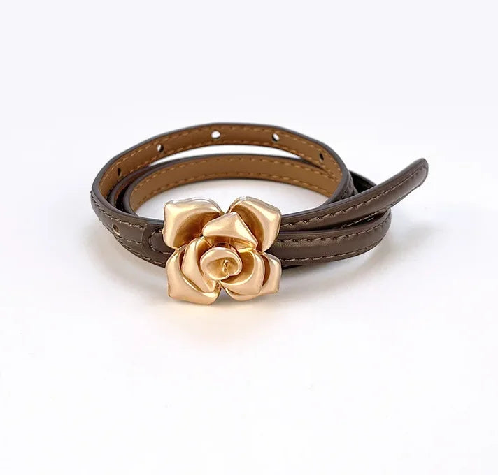 New Unique Rose Genuine Leather Gold Belt Women Fashion Cowskin Flower Thin Belts Female Jeans Dress Waistband