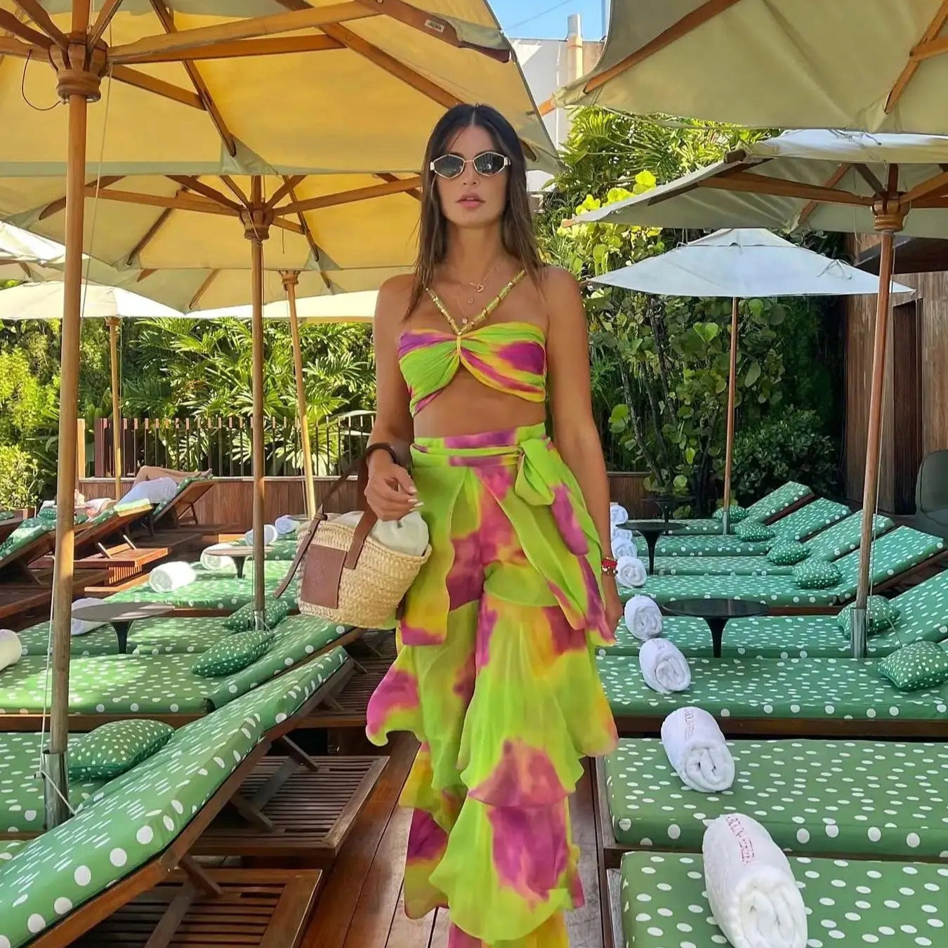 Sexy Print 3 Pics Women Bikini Set With Pants Pleated Bra High Waist Hollow Out Wide Leg Pants Suit Summer Beach Swimsuit