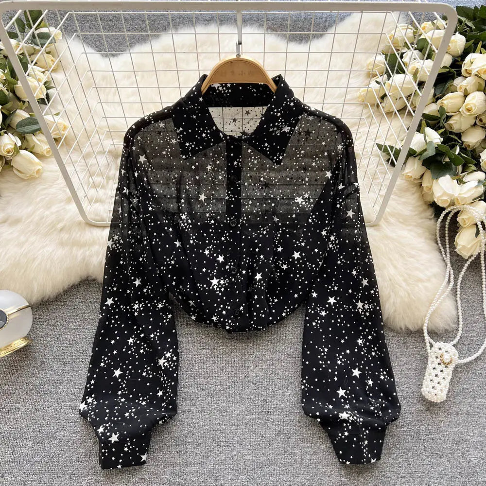 Sequins Lapel Shirt Women - Elegant Loose Long Sleeve Transparent Blose - Casual Shine Blouse