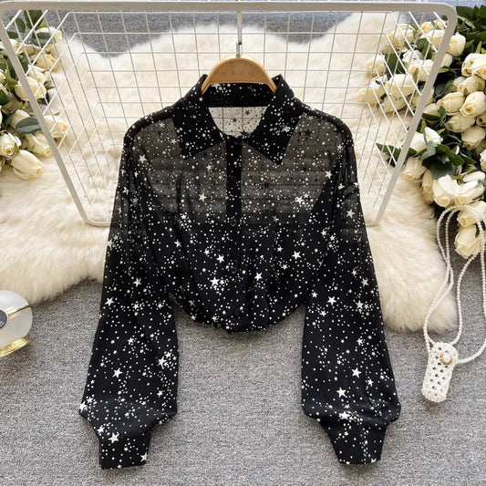 Sequins Lapel Shirt Women - Elegant Loose Long Sleeve Transparent Blose - Casual Shine Blouse