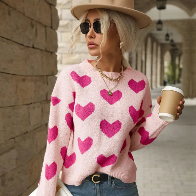 Sweet And Caring Women's Long Sleeved Sweater - Valentine's Day Casual Pink Sweater Round Neck