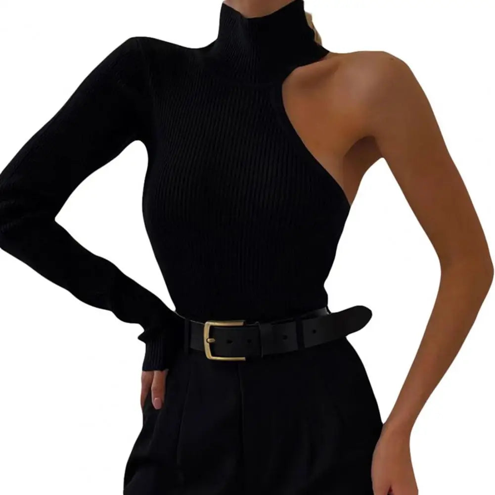 Hot Sexy One Shoulder Kintted Bodysuit Women Turtleneck Black Bodysuit Ladies Skinny Bodysuit