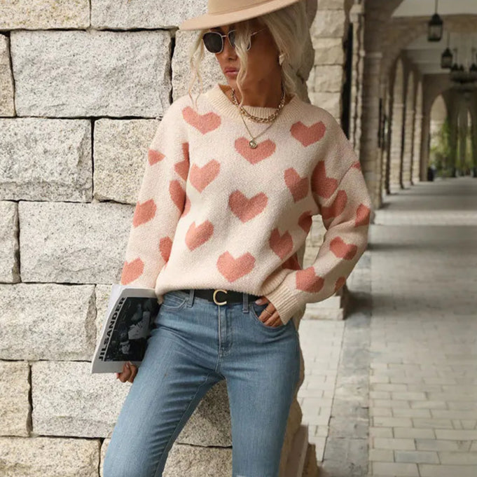 Sweet And Caring Women's Long Sleeved Sweater - Valentine's Day Casual Pink Sweater Round Neck
