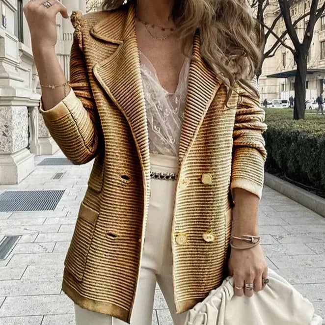 Women Double Breasted Button Solid Color Autumn Winter Blazer Jacket Fashion Casual Long Sleeve Coat Cardigan