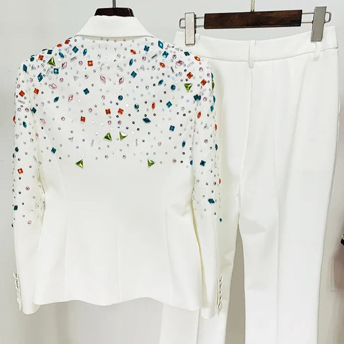 White PantSuits Women handmade Beading Color Diamond Sequined Elegant Two Piece Sets Flare Pants Trousers Set Punk Suit