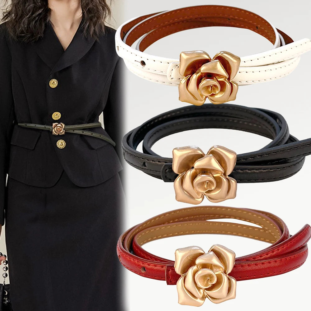 New Unique Rose Genuine Leather Gold Belt Women Fashion Cowskin Flower Thin Belts Female Jeans Dress Waistband
