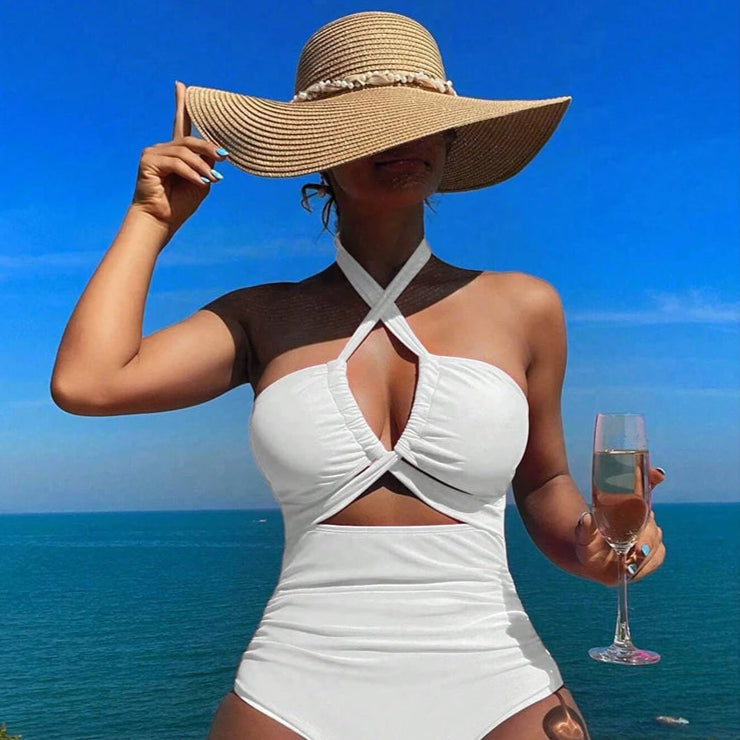 Drawstring One-piece Women Swimsuit Female High Waisted Bikini Bandeau Halter Bathing Suit Swimming for Monokini
