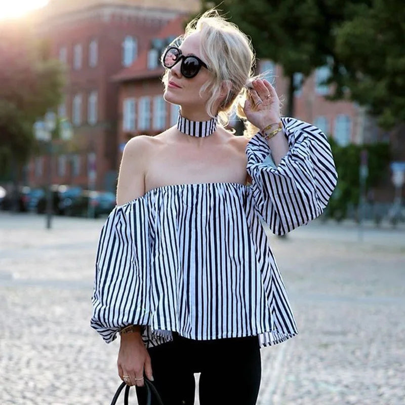 Elegant Striped Tops Off the Shoulder - Elegant Sexy Shirts - Women Tops Blouse with Choker
