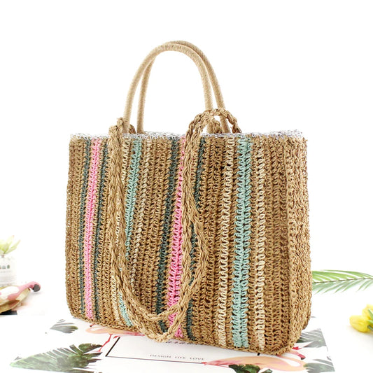 Colorful Straw Shoulder Bag - Portable Fashion Handbag for Beachy Vibes