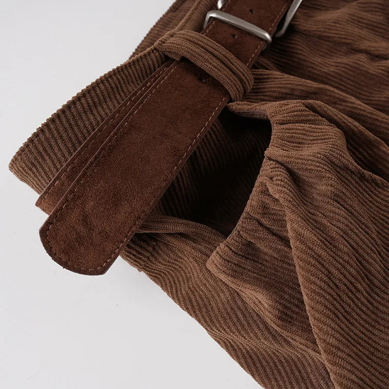Autumn Brown Corduroy Culotte Shorts with Low-Waist & Suede Belt