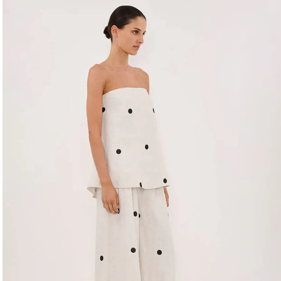 Backless Polka Dot Tops Pants Sets Loose Strapless Back Split Vest Pocket Wide Leg Pant