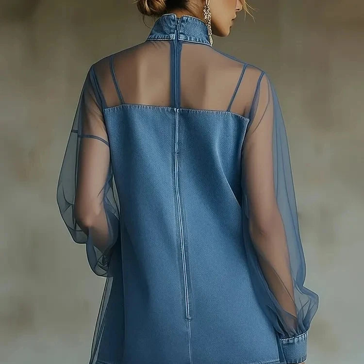 Denim Mini Dress For Women Fashion Turtleneck Tulle Denim Patchwork Long Sleeve See Through Loose Party Dresses