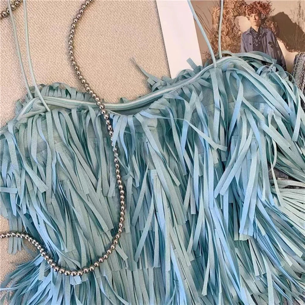 Sexy Fringed Halter Top Women's Summer New Blue Fashion Small Top Trendy Tassel Strap Vest Soft Tulle