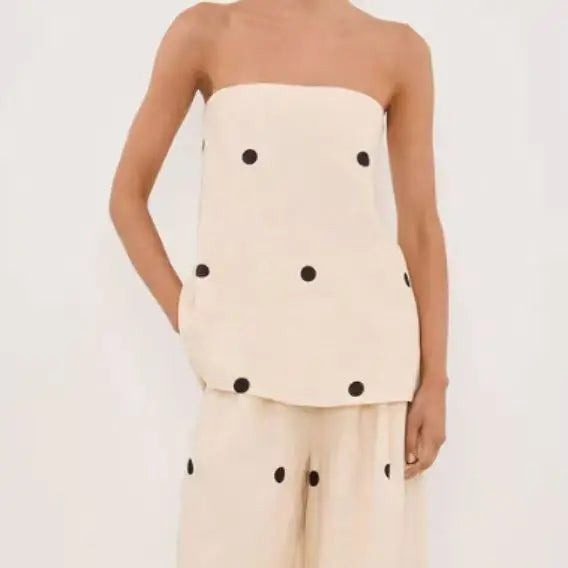 Backless Polka Dot Tops Pants Sets Loose Strapless Back Split Vest Pocket Wide Leg Pant