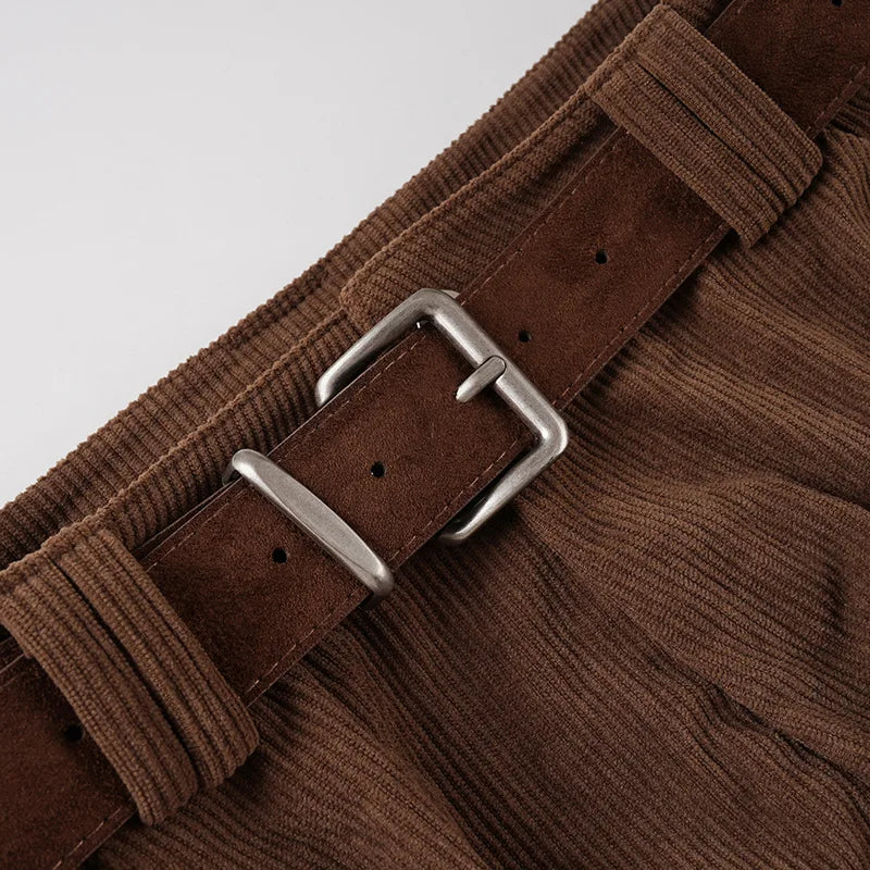 Autumn Brown Corduroy Culotte Shorts with Low-Waist & Suede Belt