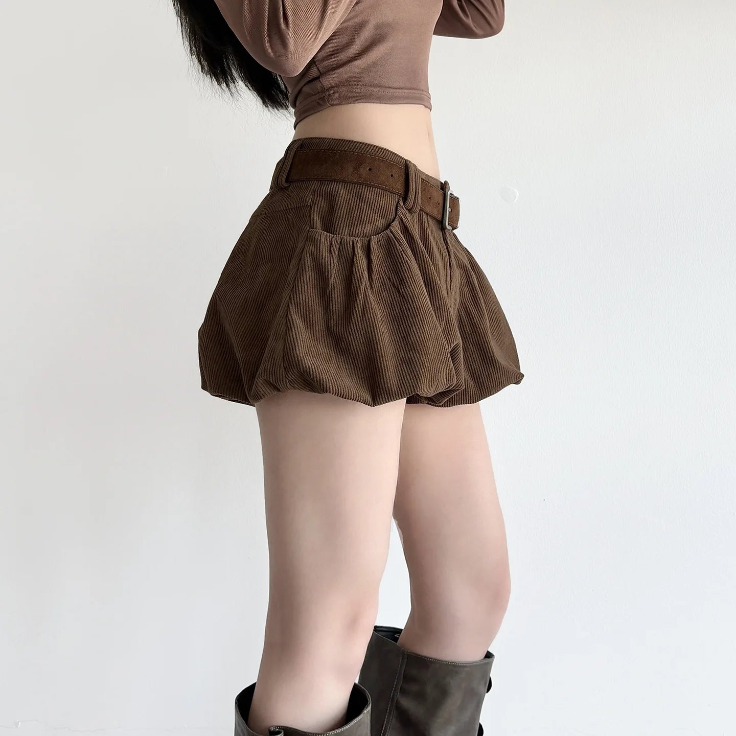 Autumn Brown Corduroy Culotte Shorts with Low-Waist & Suede Belt