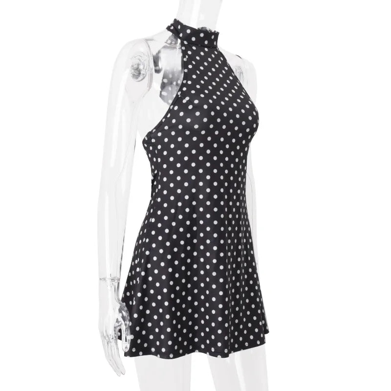 Polka Dot Elegant Off Shoulder Sleeveless Backless High Waist Halter Mini Dress