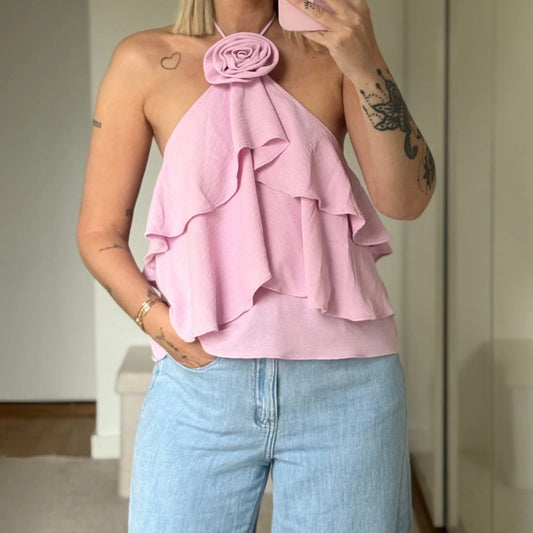 3D Flower Ruffles Vest Fashion Clubwear Tank Tops Tie Up Halter Vests Backless Blouses Sleeveless Tops