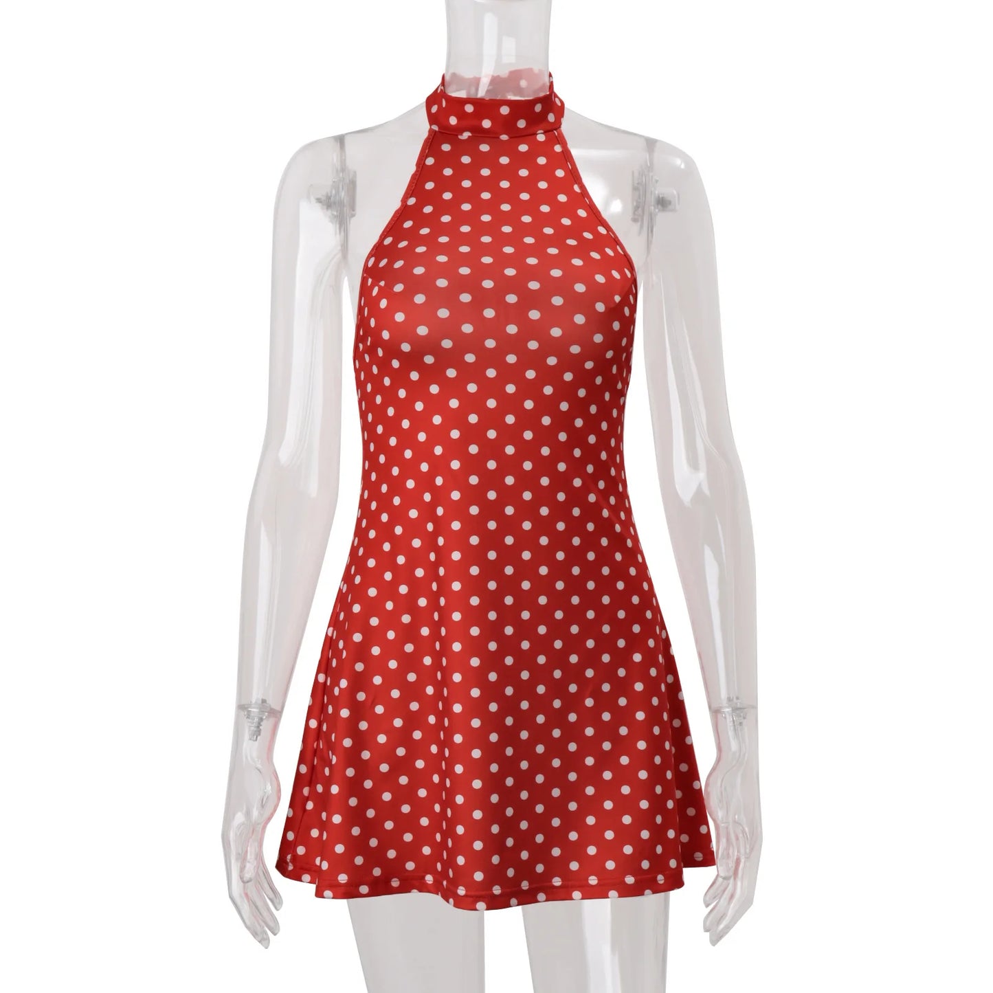 Polka Dot Elegant Off Shoulder Sleeveless Backless High Waist Halter Mini Dress