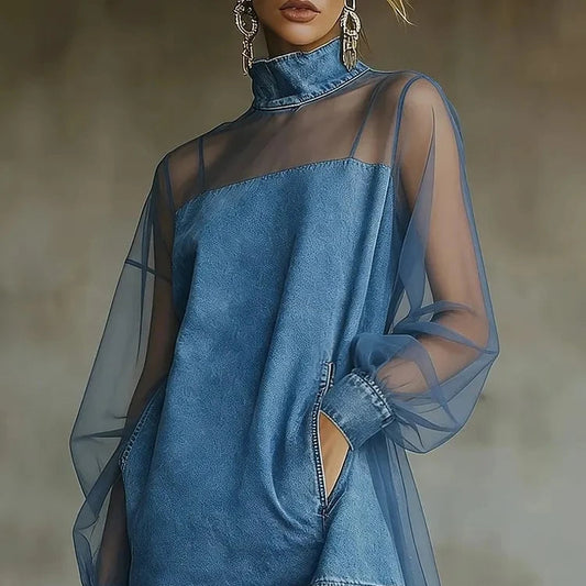 Denim Mini Dress For Women Fashion Turtleneck Tulle Denim Patchwork Long Sleeve See Through Loose Party Dresses