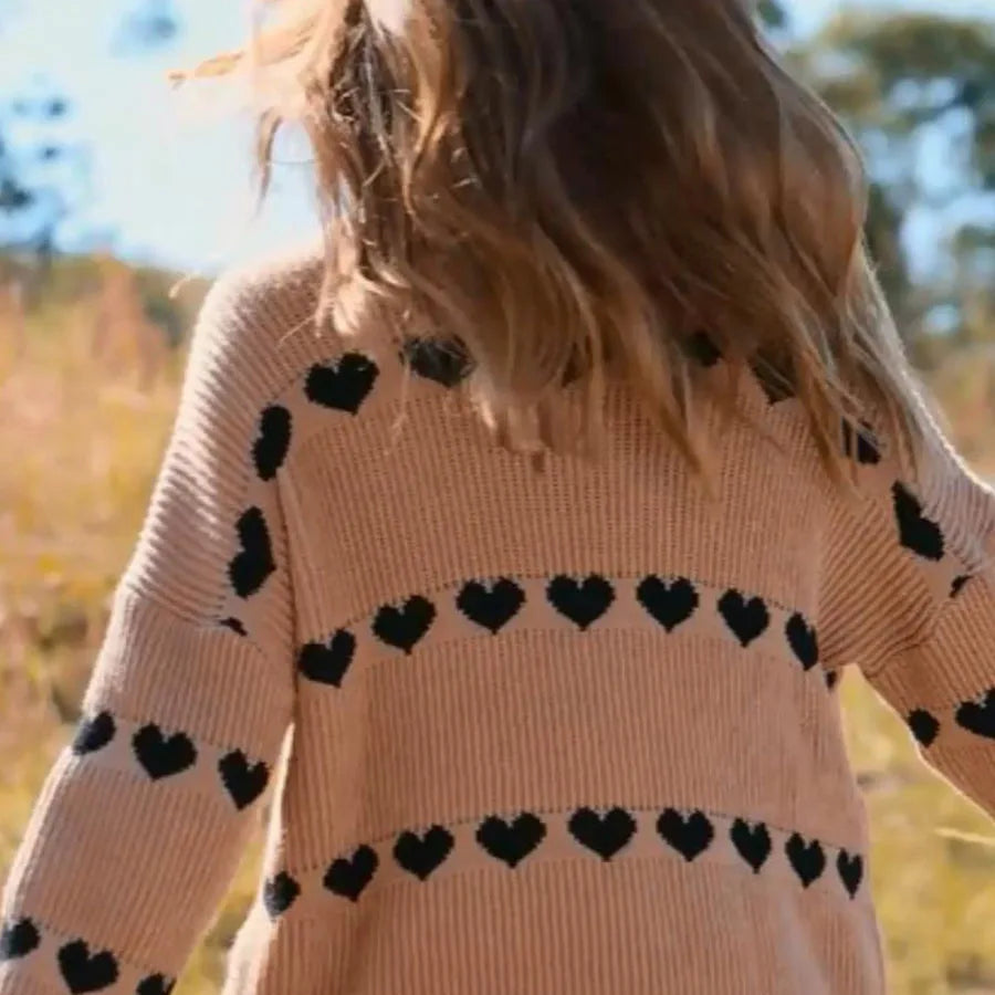 Valentine's Day Women's Heart Print Sweaters Long Sleeve Turtleneck Oversized Pullovers Casual Knit Tops