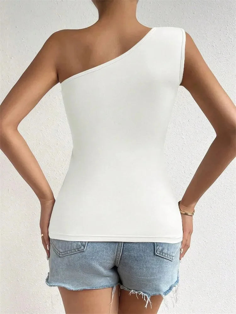 One Shoulder Pleated Tank Top Summer Solid Sleeveless Ruched T-shirt Streetwear Off the Shoulder Top