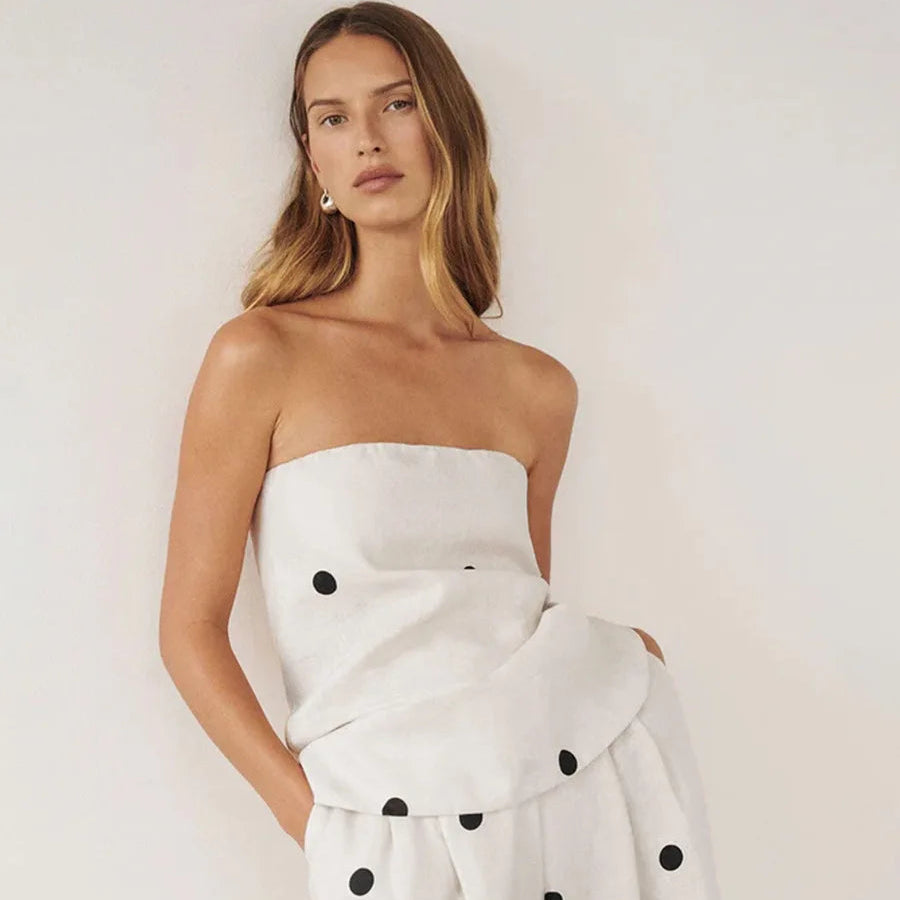 Backless Polka Dot Tops Pants Sets Loose Strapless Back Split Vest Pocket Wide Leg Pant