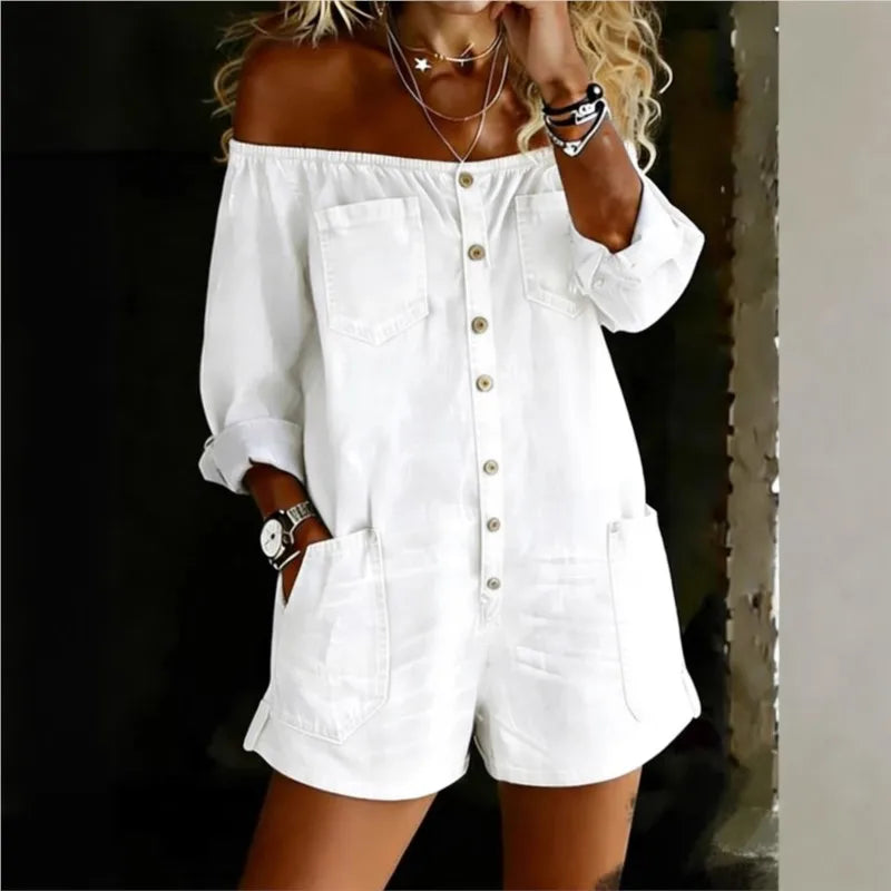 Women's Denim Washed Jumpsuit Casual Retro Off-shoulder Long-sleeved Loose One-shoulder Long-sleeved Jumpsuit