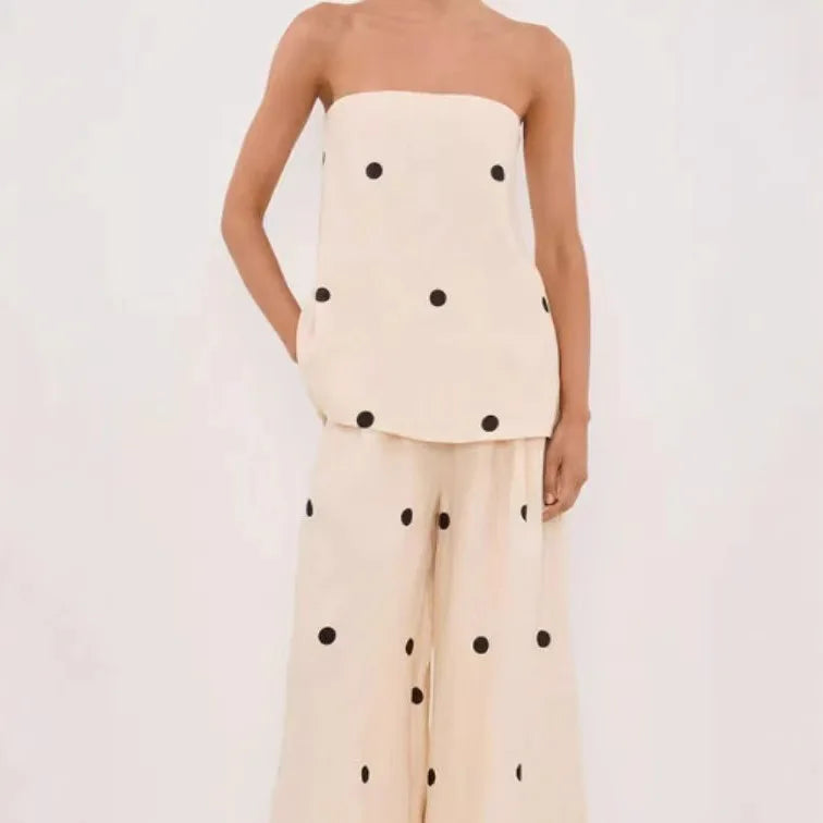 Backless Polka Dot Tops Pants Sets Loose Strapless Back Split Vest Pocket Wide Leg Pant