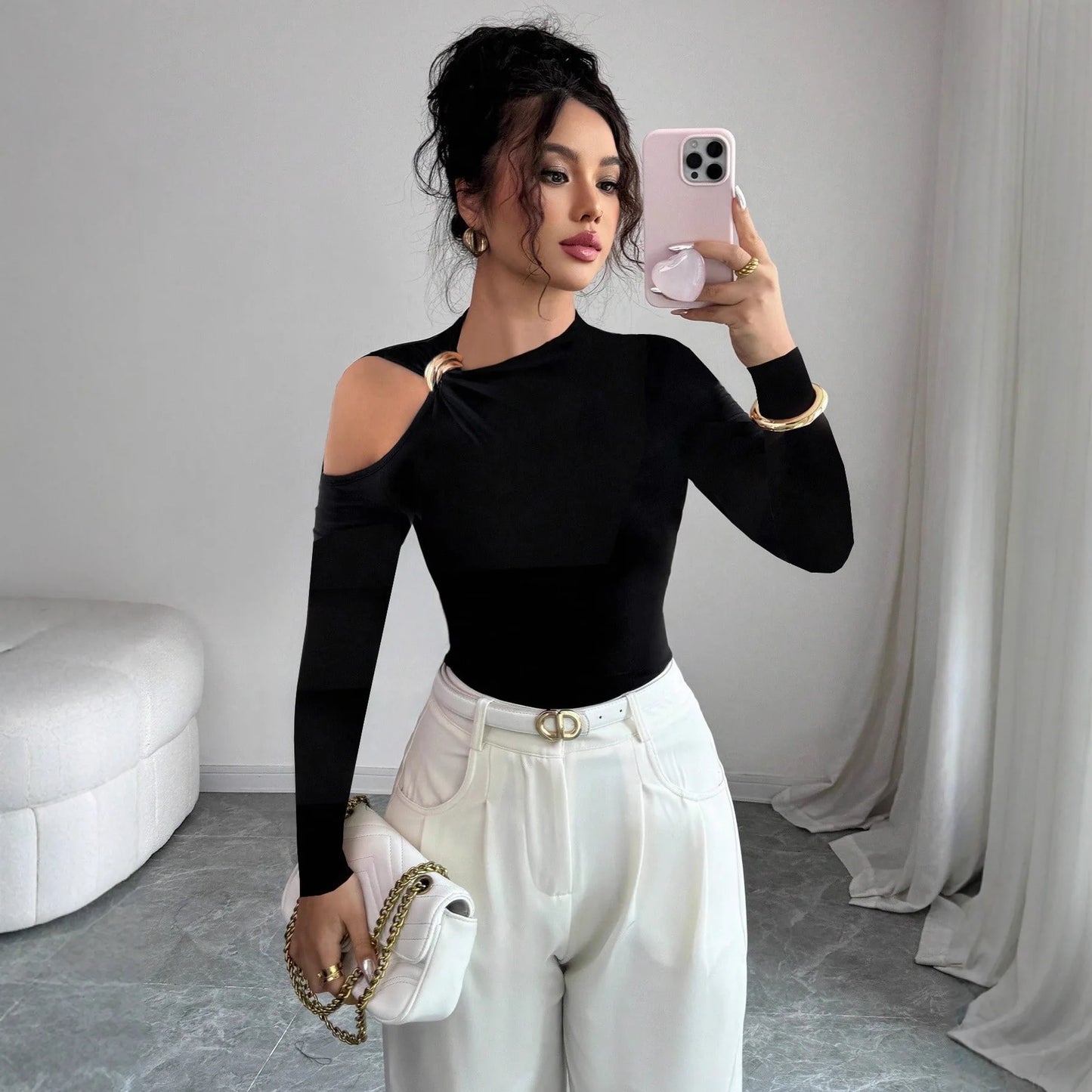 Asymmetric Collar Single-sided Off-shoulder Metal Decorative Slim Top