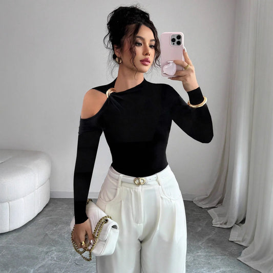 Asymmetric Collar Single-sided Off-shoulder Metal Decorative Slim Top