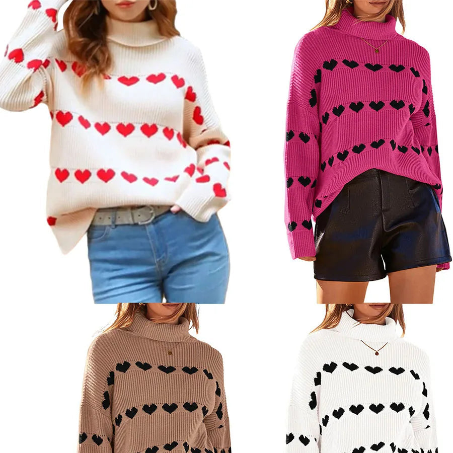 Valentine's Day Women's Heart Print Sweaters Long Sleeve Turtleneck Oversized Pullovers Casual Knit Tops