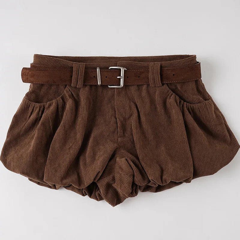 Autumn Brown Corduroy Culotte Shorts with Low-Waist & Suede Belt