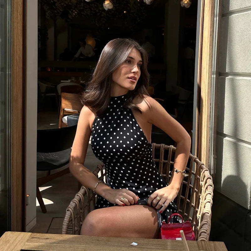 Polka Dot Elegant Off Shoulder Sleeveless Backless High Waist Halter Mini Dress
