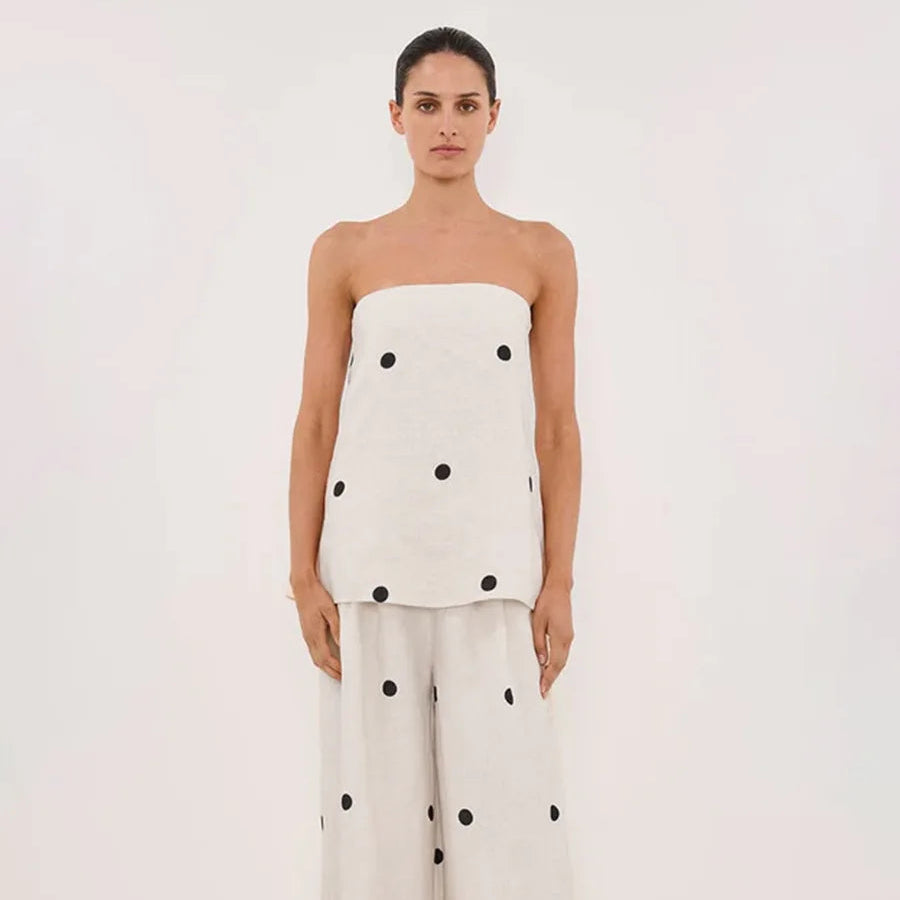 Backless Polka Dot Tops Pants Sets Loose Strapless Back Split Vest Pocket Wide Leg Pant