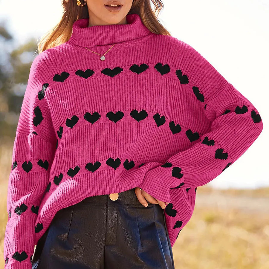 Valentine's Day Women's Heart Print Sweaters Long Sleeve Turtleneck Oversized Pullovers Casual Knit Tops