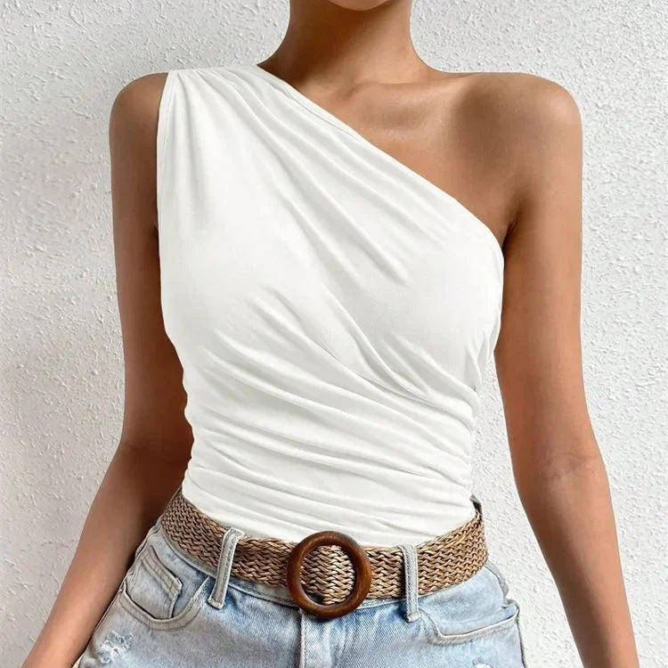 One Shoulder Pleated Tank Top Summer Solid Sleeveless Ruched T-shirt Streetwear Off the Shoulder Top