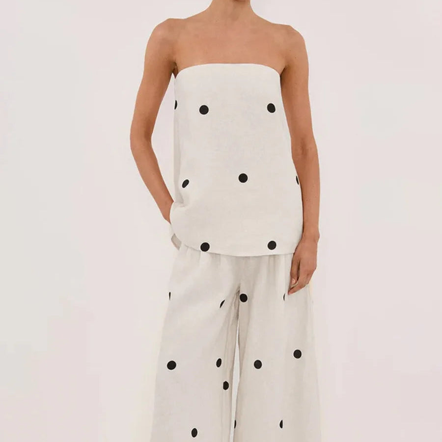 Backless Polka Dot Tops Pants Sets Loose Strapless Back Split Vest Pocket Wide Leg Pant