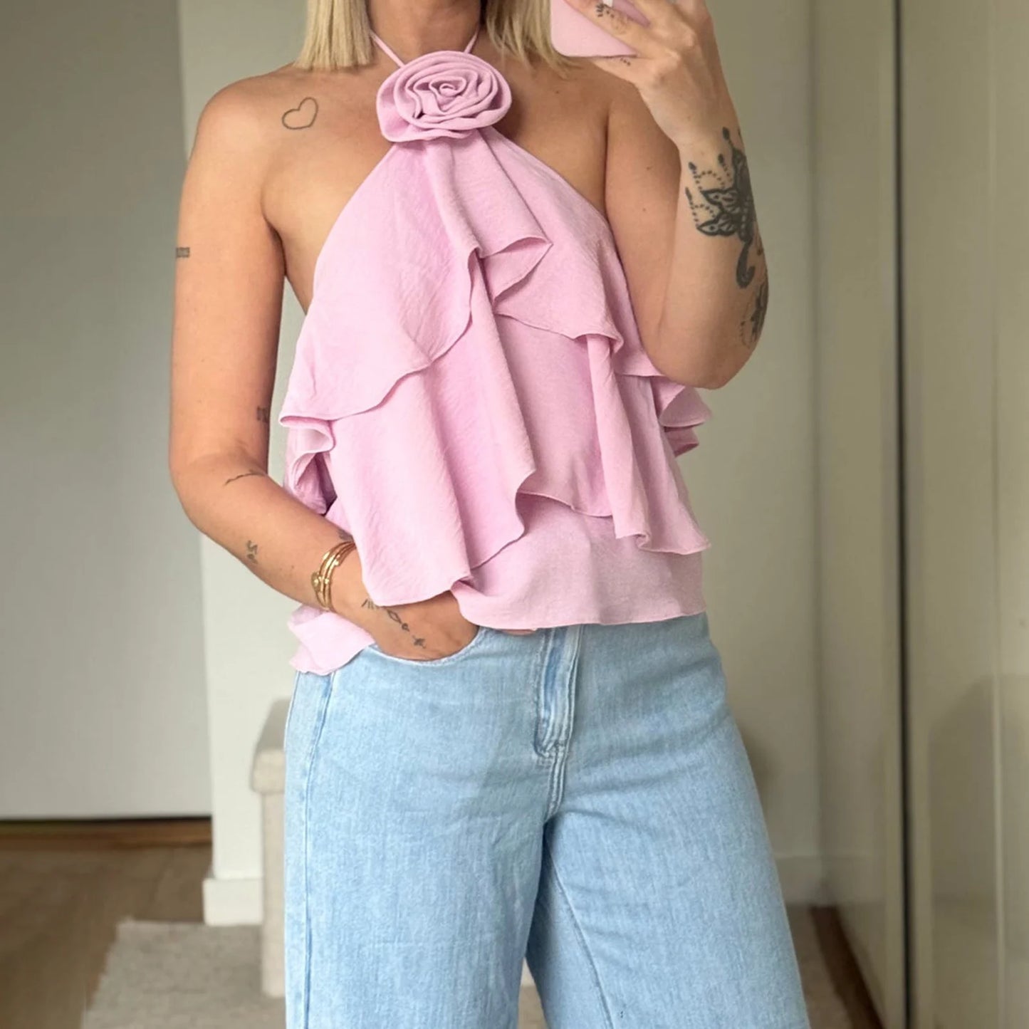 3D Flower Ruffles Vest Fashion Clubwear Tank Tops Tie Up Halter Vests Backless Blouses Sleeveless Tops