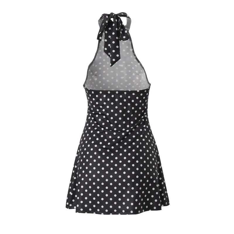 Polka Dot Elegant Off Shoulder Sleeveless Backless High Waist Halter Mini Dress
